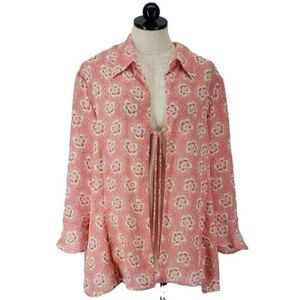 Cato Women's Pink Floral Kimono Style Tie Front‎ Sheer Blouse Size 22/24W